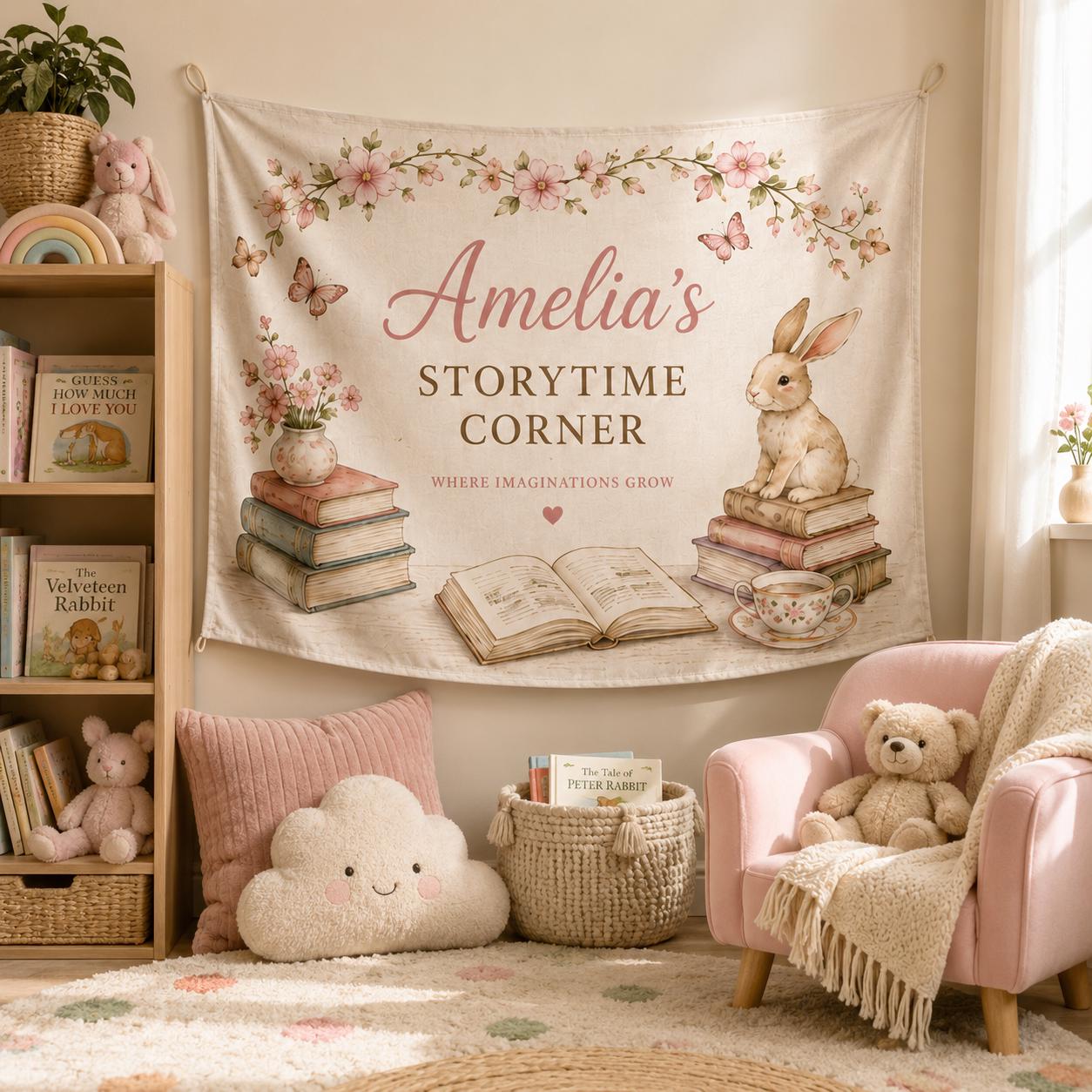 Personalized Reading Nook Linen Tapestry, Custom Book Lover Wall Hanging, Floral Library Room Decor - product image 10
