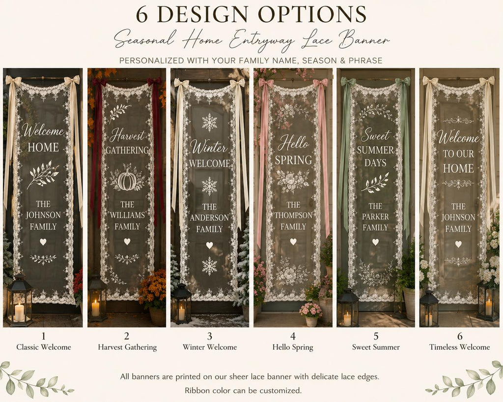Seasonal Home Entryway Lace Banner, Personalized Family Name Welcome Sign, Custom Sheer Door Decor - product image 2