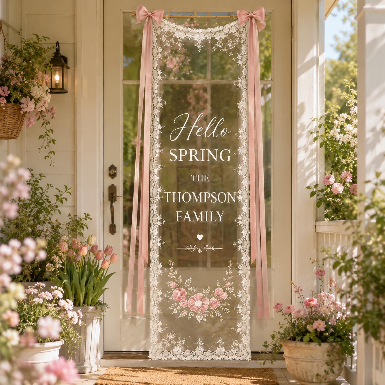 Custom Family Welcome Lace Banner, Personalized Seasonal Entryway Sign, Sheer Home Door Decor - product image 1
