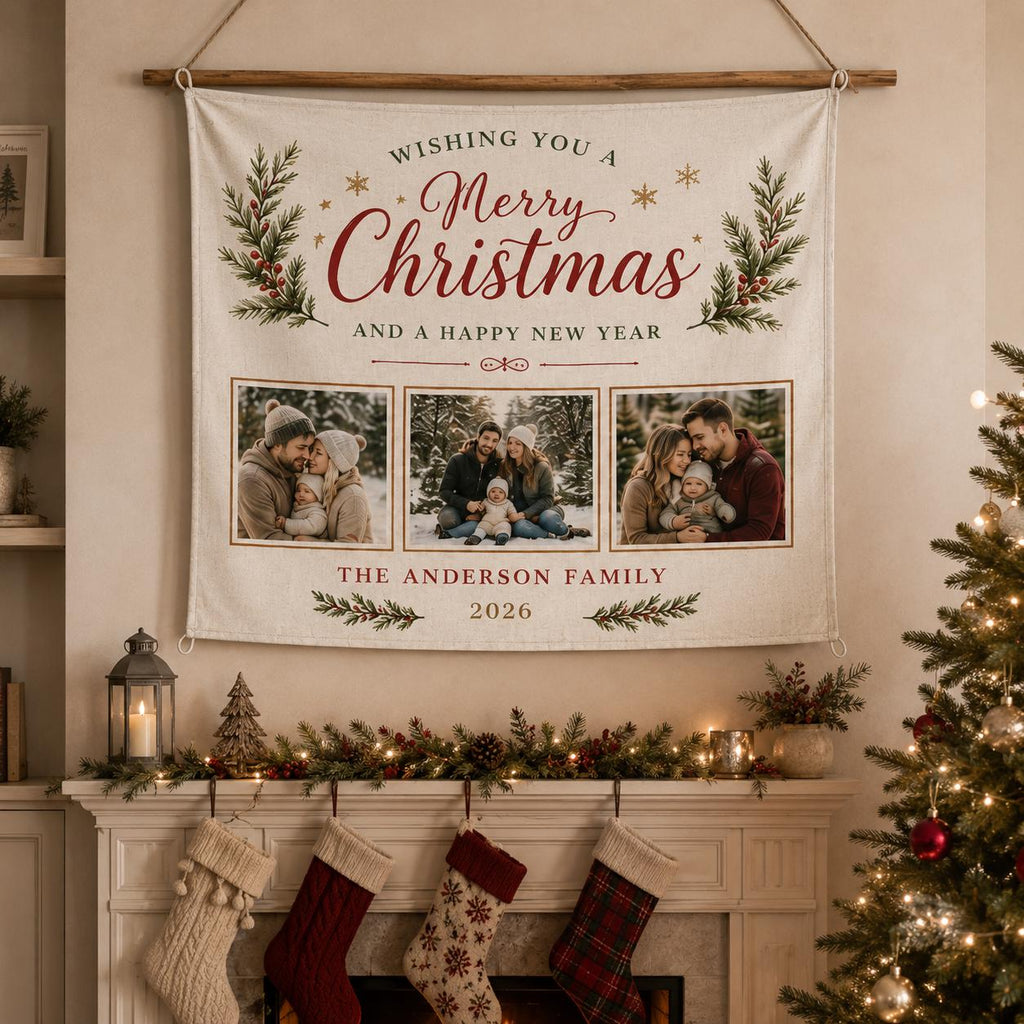 Christmas Family Photo Tapestry, Personalized Holiday Wall Hanging, Custom Family Name Sign - product image 1
