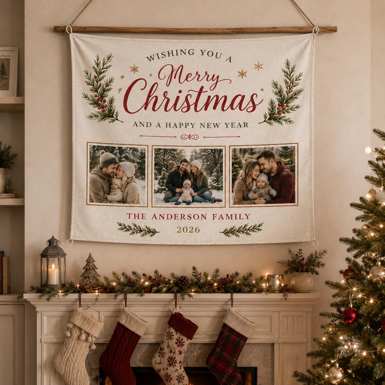 Christmas Family Photo Tapestry, Personalized Holiday Wall Hanging, Custom Family Name Sign - product image 1
