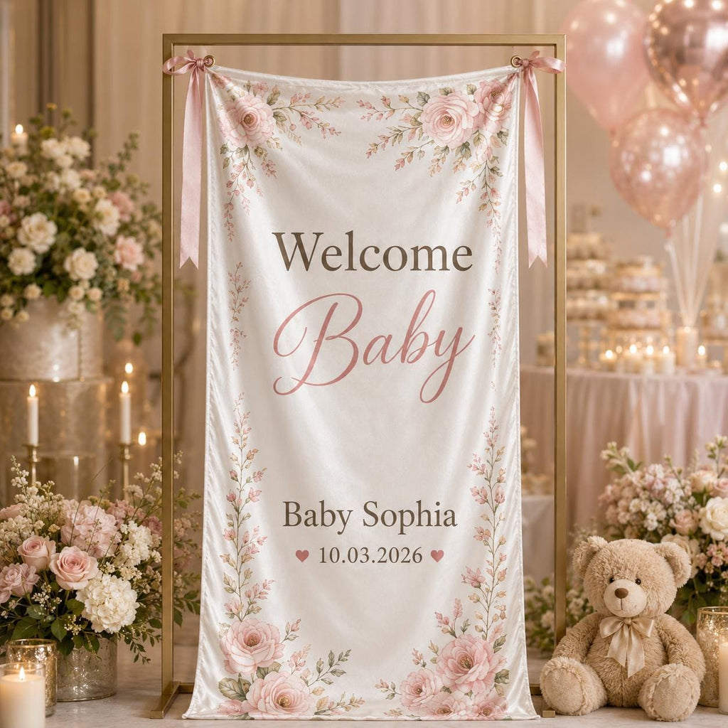 Personalized Floral Baby Shower Fabric Banner, Welcome Backdrop Sign - product image 6