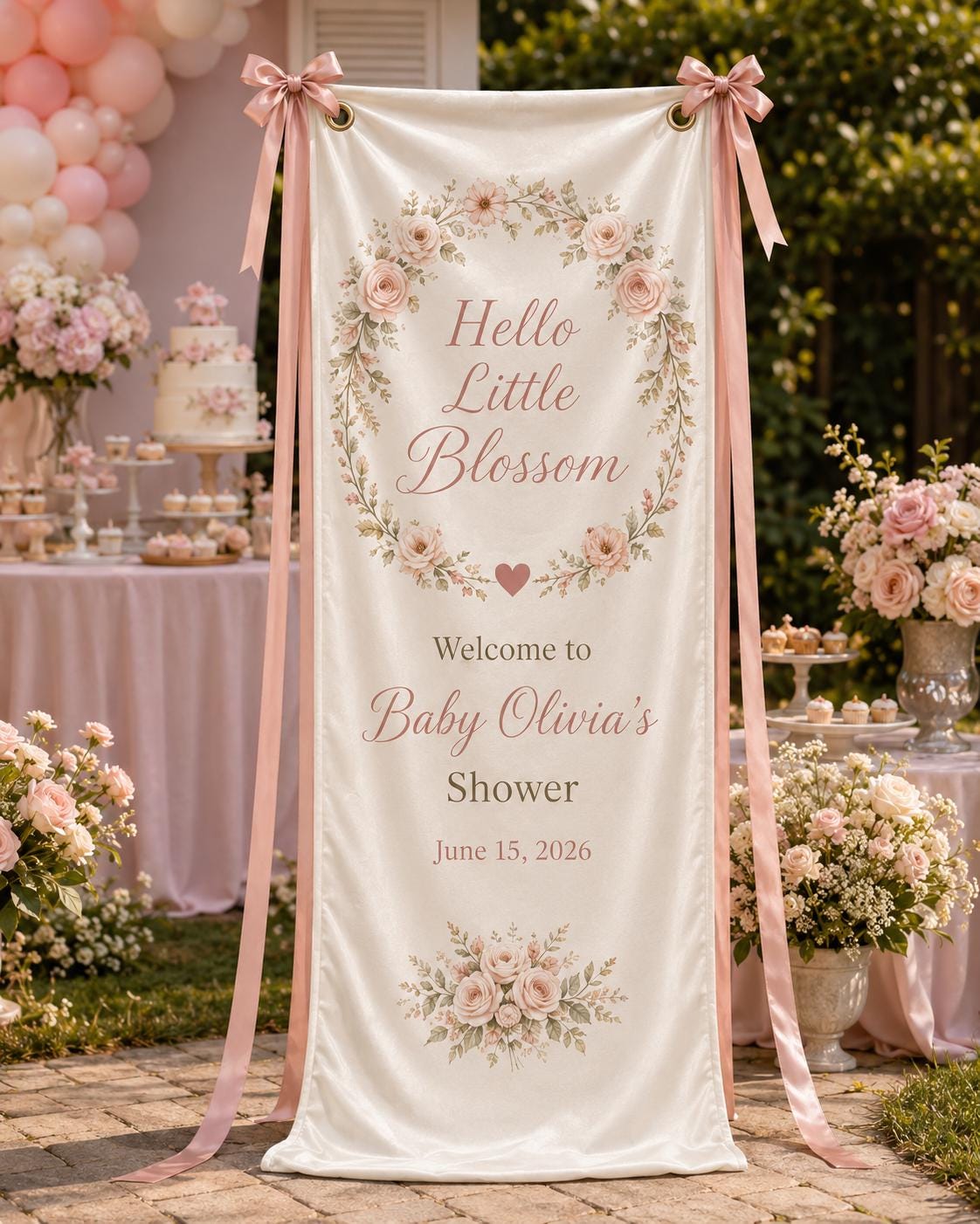 Floral Baby Shower Banner, Personalized Welcome Sign, Garden Backdrop, Satin Fabric - product image 7