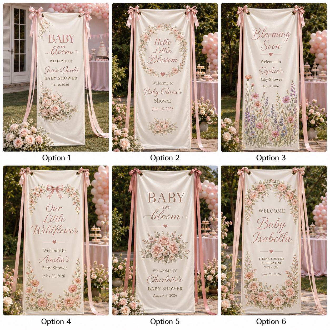 Floral Baby Shower Banner, Personalized Welcome Sign, Garden Backdrop, Satin Fabric - product image 2