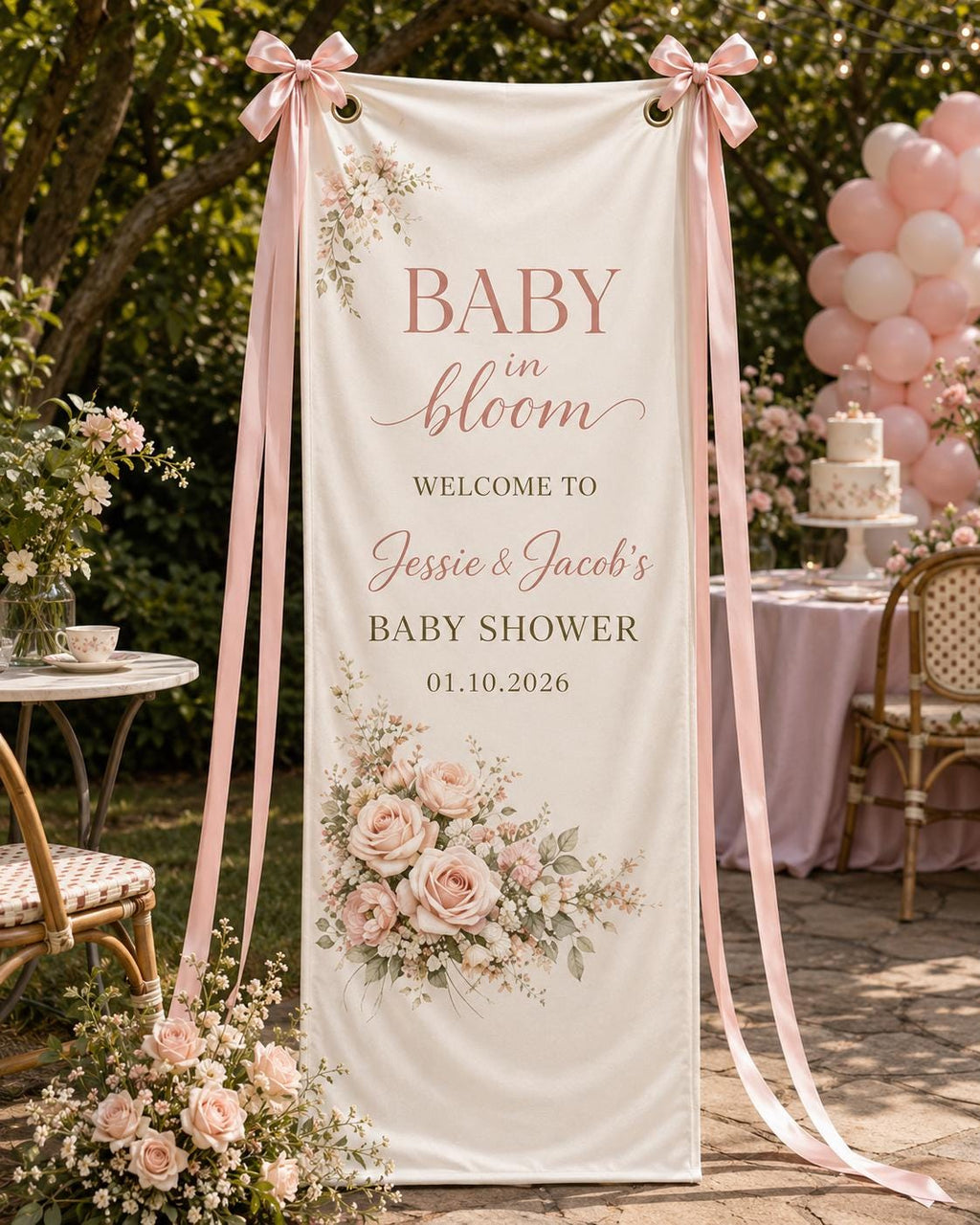 Floral Baby Shower Banner, Personalized Welcome Sign, Garden Backdrop, Satin Fabric - product image 10