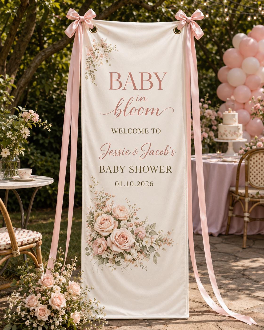 Floral Baby Shower Banner, Personalized Welcome Sign, Garden Backdrop, Satin Fabric - product image 10