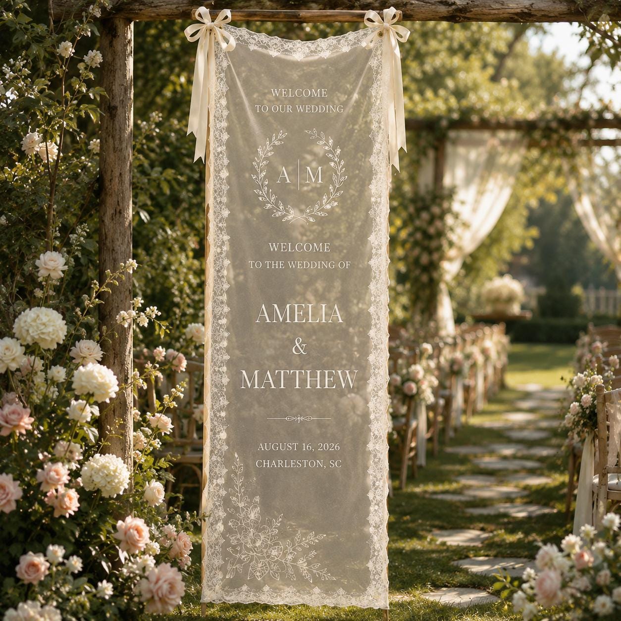 Wedding Welcome Fabric Banner, Personalized Ceremony Backdrop, Custom Floral Wedding Entrance Sign - product image 8