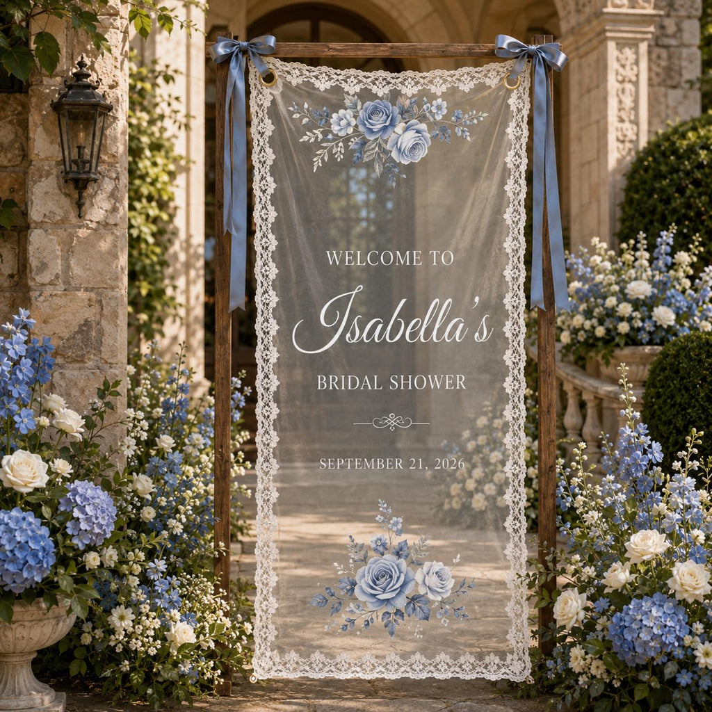 Personalized Blue Floral Lace Bridal Shower Welcome Banner, Sheer Fabric Sign - product image 1