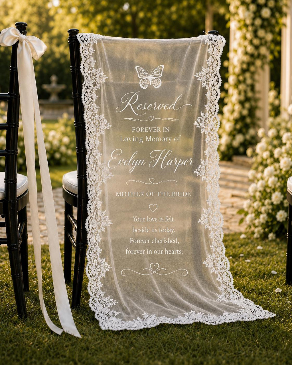 Reserved Memorial Chair Lace Banner, Personalized Wedding Remembrance Sign, Custom Sheer Tribute Decor - product image 5