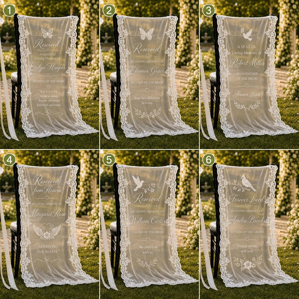 Reserved Memorial Chair Lace Banner, Personalized Wedding Remembrance Sign, Custom Sheer Tribute Decor - product image 2