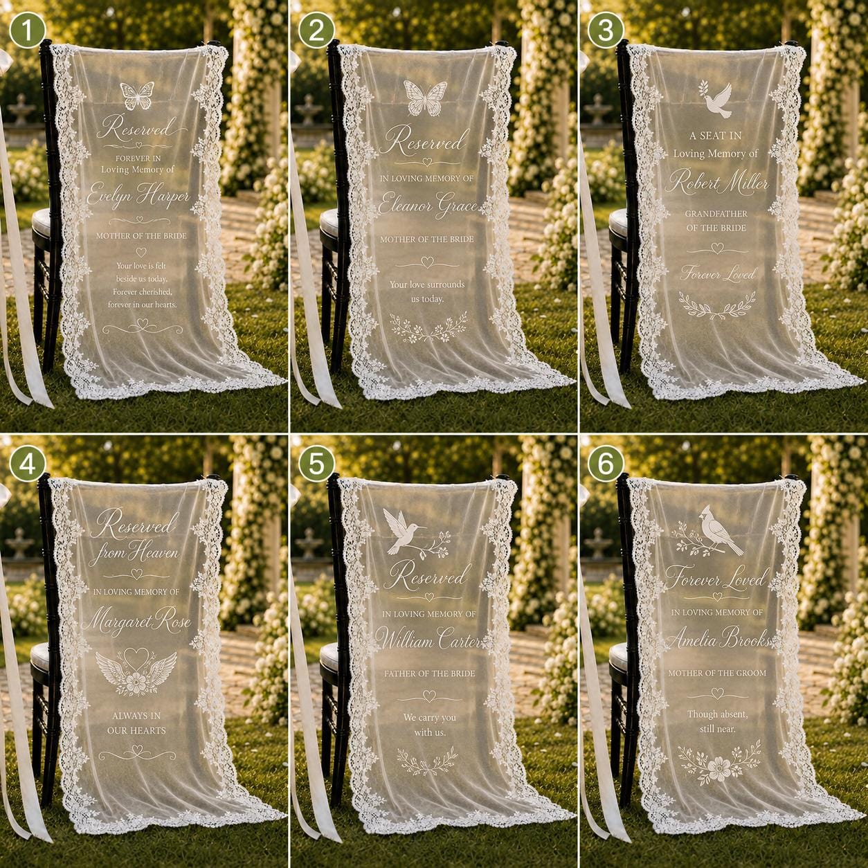 Reserved Memorial Chair Lace Banner, Personalized Wedding Remembrance Sign, Custom Sheer Tribute Decor - product image 2