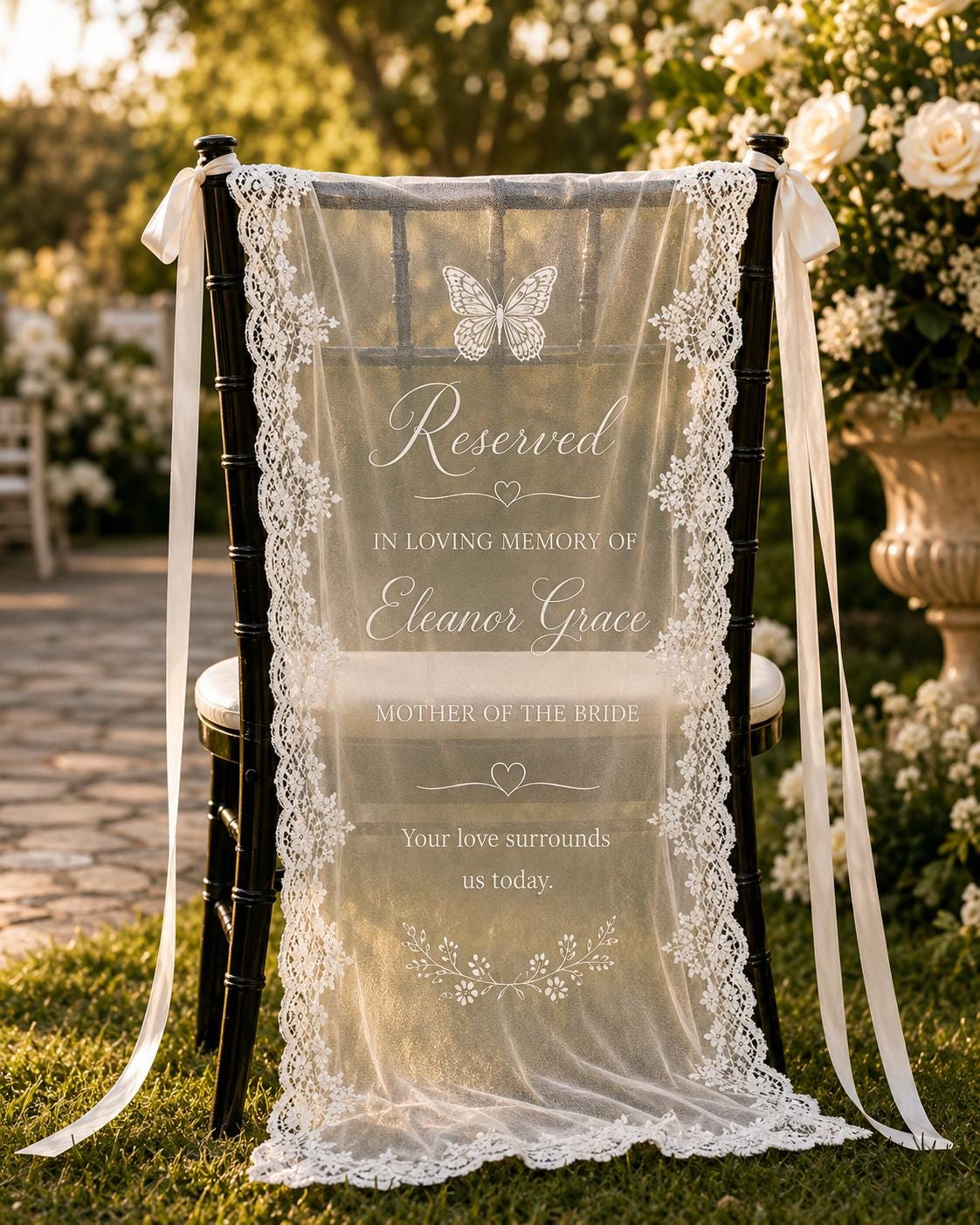 Reserved Memorial Chair Lace Banner, Personalized Wedding Remembrance Sign, Custom Sheer Tribute Decor - product image 7