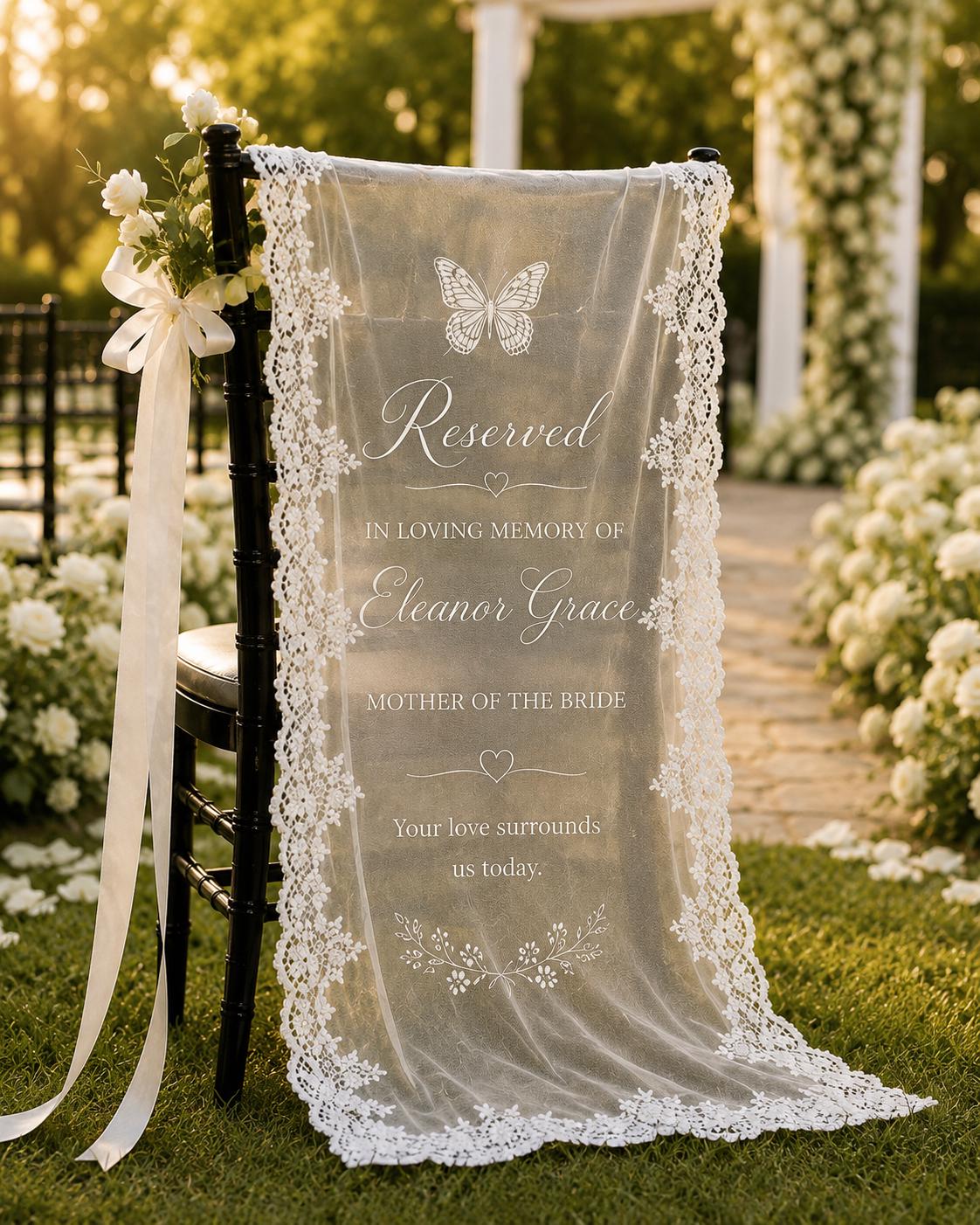 Reserved Memorial Chair Lace Banner, Personalized Wedding Remembrance Sign, Custom Sheer Tribute Decor - product image 8