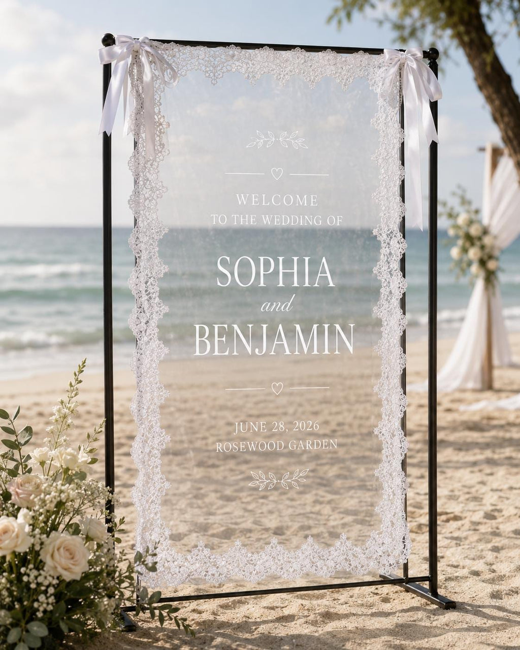 Wedding Welcome Lace Banner, Personalized Sheer Ceremony Sign, Custom Garden Wedding Entrance Decor - product image 4