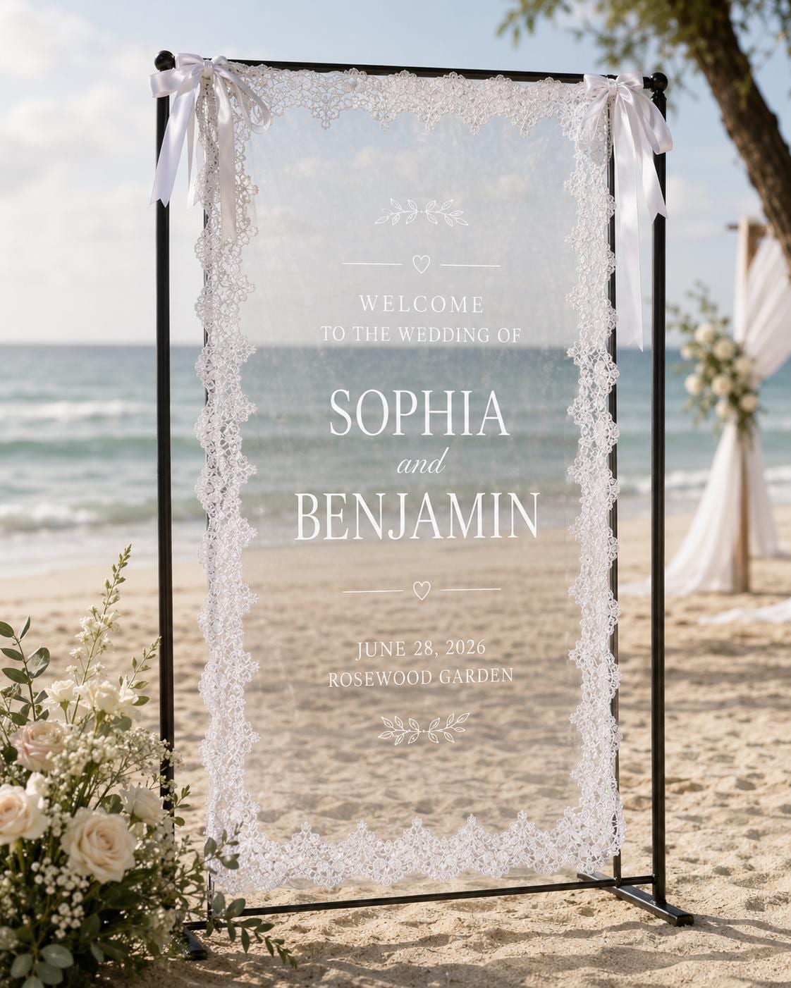 Wedding Welcome Lace Banner, Personalized Sheer Ceremony Sign, Custom Garden Wedding Entrance Decor - product image 4