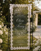 Wedding Welcome Lace Banner, Personalized Sheer Ceremony Sign – main product view