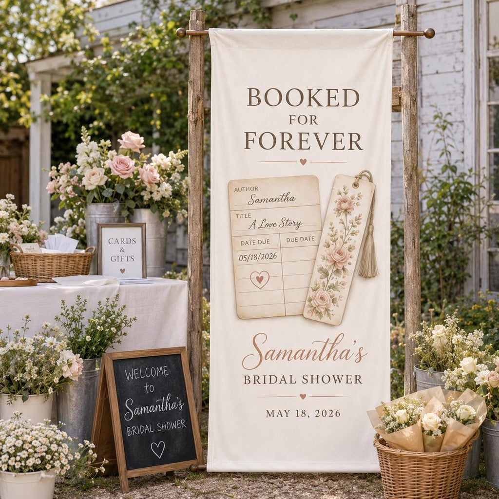 Personalized Bridal Shower Fabric Banner, Book Lover Backdrop, Literary Event Decor - product image 7