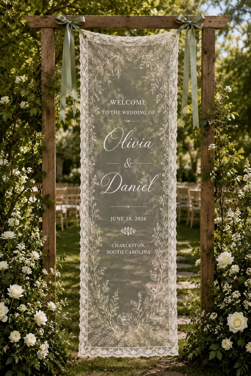 Garden Wedding Lace Banner, Personalized Sheer Wedding Welcome Sign, Custom Ceremony Entrance Decor - product image 5
