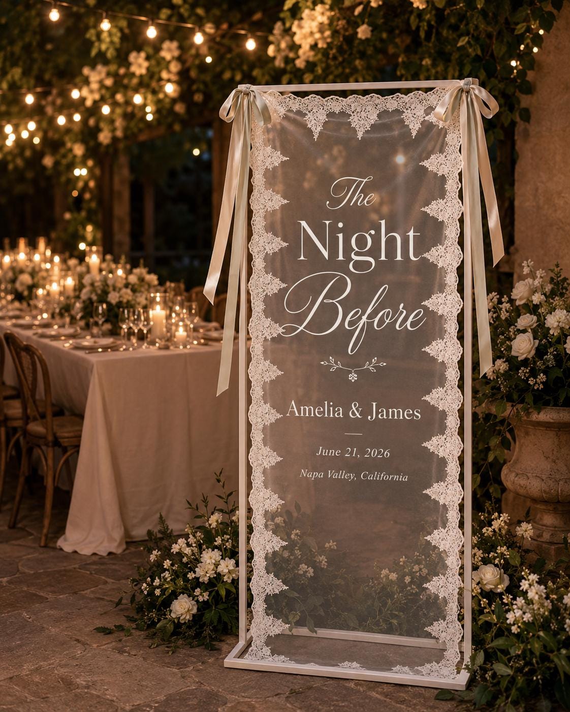 The Night Before Lace Banner, Personalized Rehearsal Dinner Sign, Custom Sheer Wedding Weekend Decor - product image 2