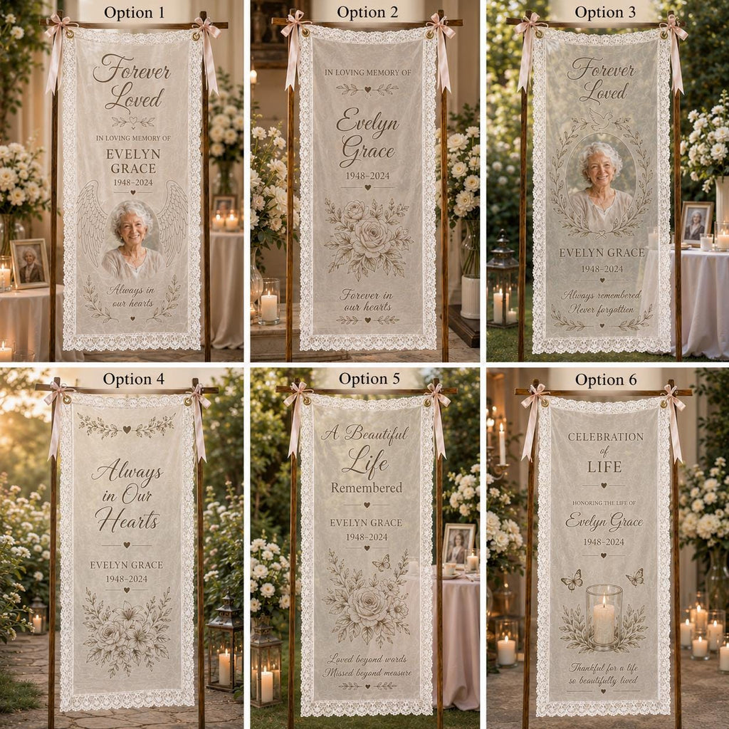 Memorial Lace Banner, Personalized Celebration of Life Sign, Custom Sheer Remembrance Banner - product image 2