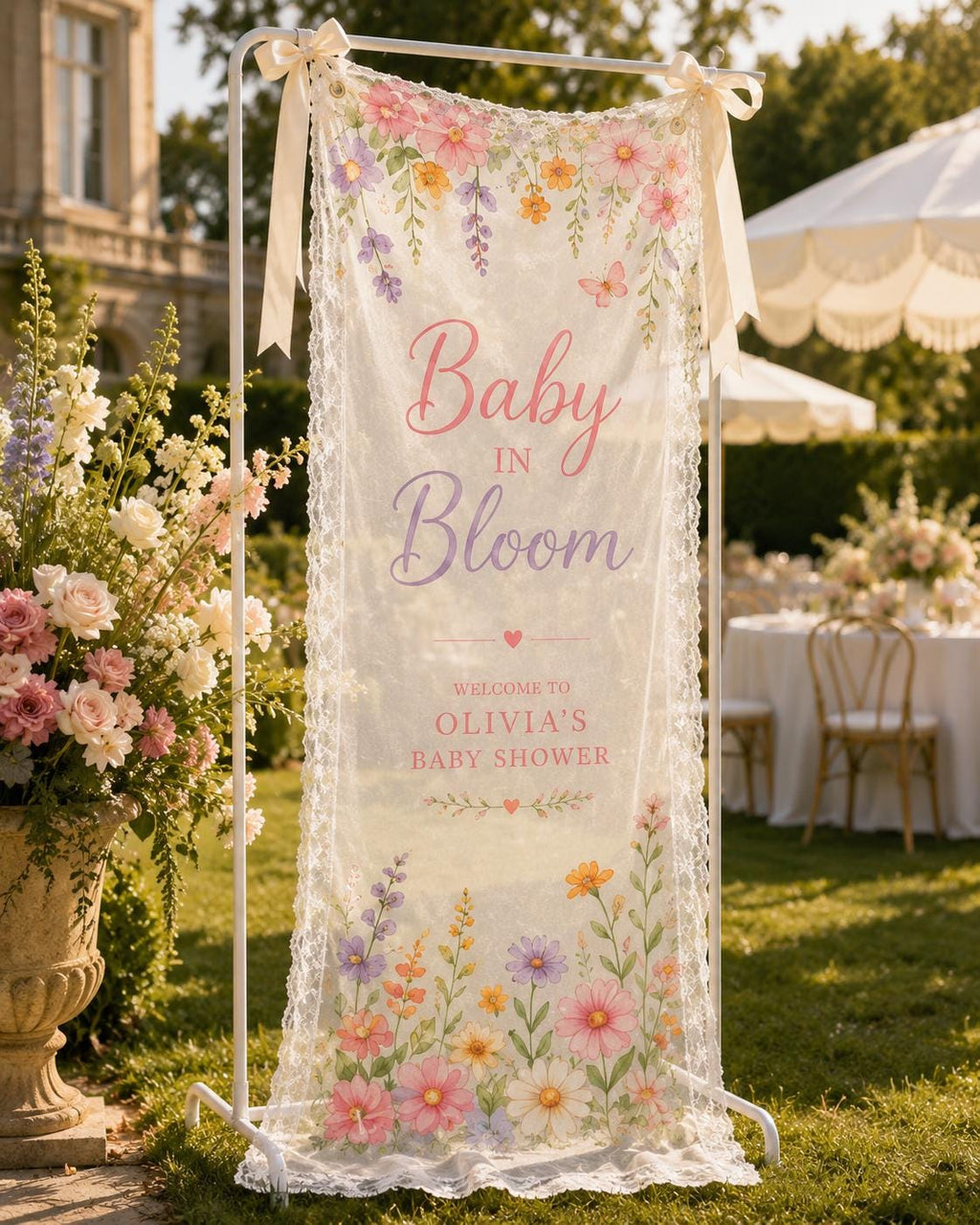 Personalized Lace Baby Shower Banner, Romantic Garden Party Decor, Welcome Sign - product image 10