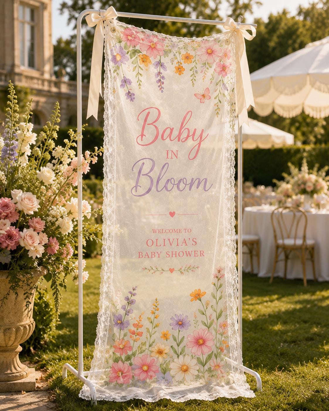 Personalized Lace Baby Shower Banner, Romantic Garden Party Decor, Welcome Sign - product image 10
