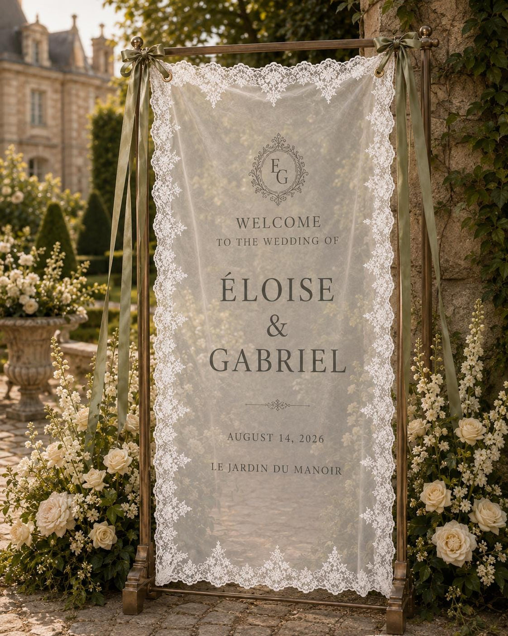 French Chateau Wedding Lace Banner, Personalized Sheer Welcome Sign, Custom Elegant Ceremony Decor - product image 9