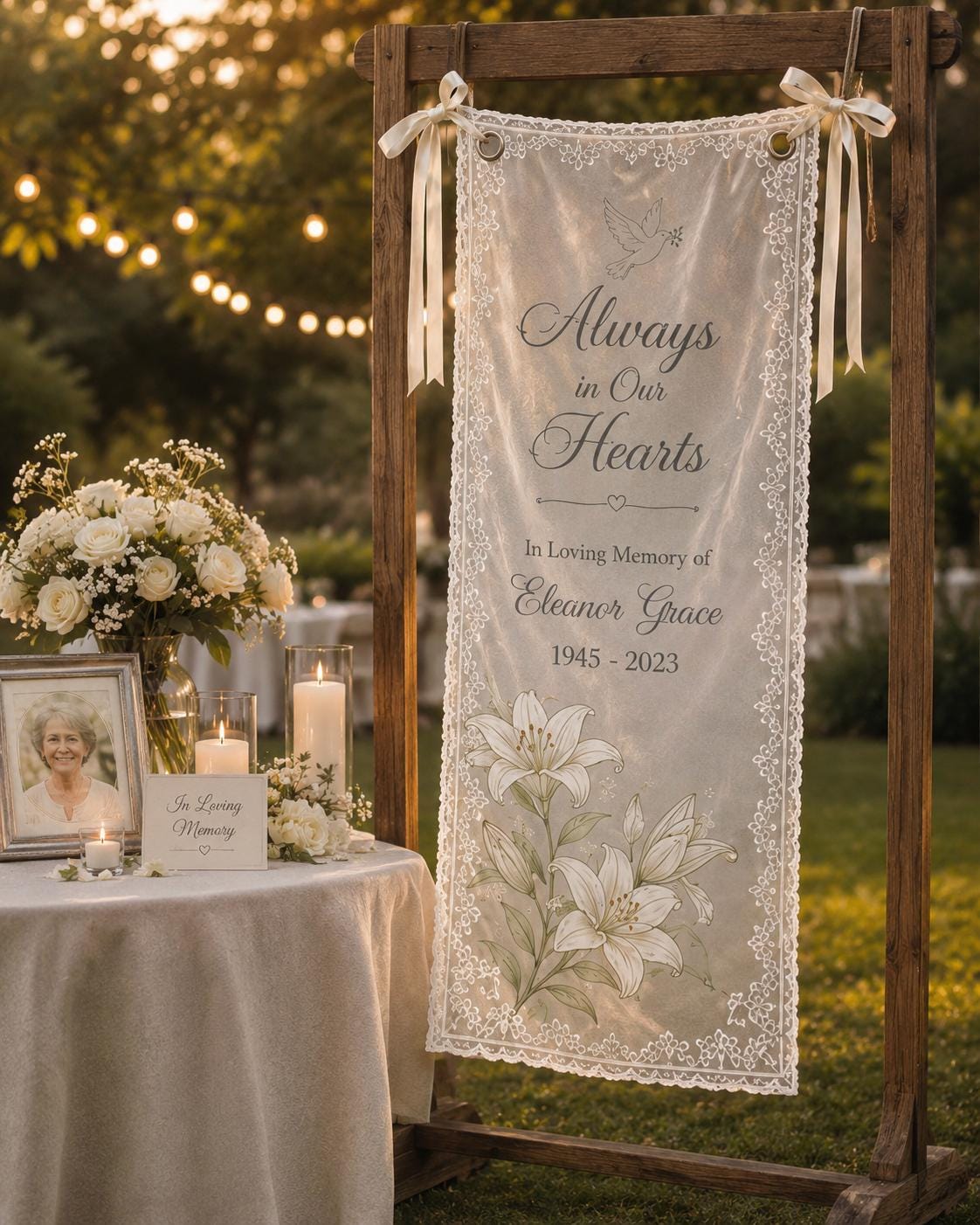 Memorial Lace Banner, Personalized Sheer Remembrance Sign, Custom Celebration of Life Tribute Decor - product image 5