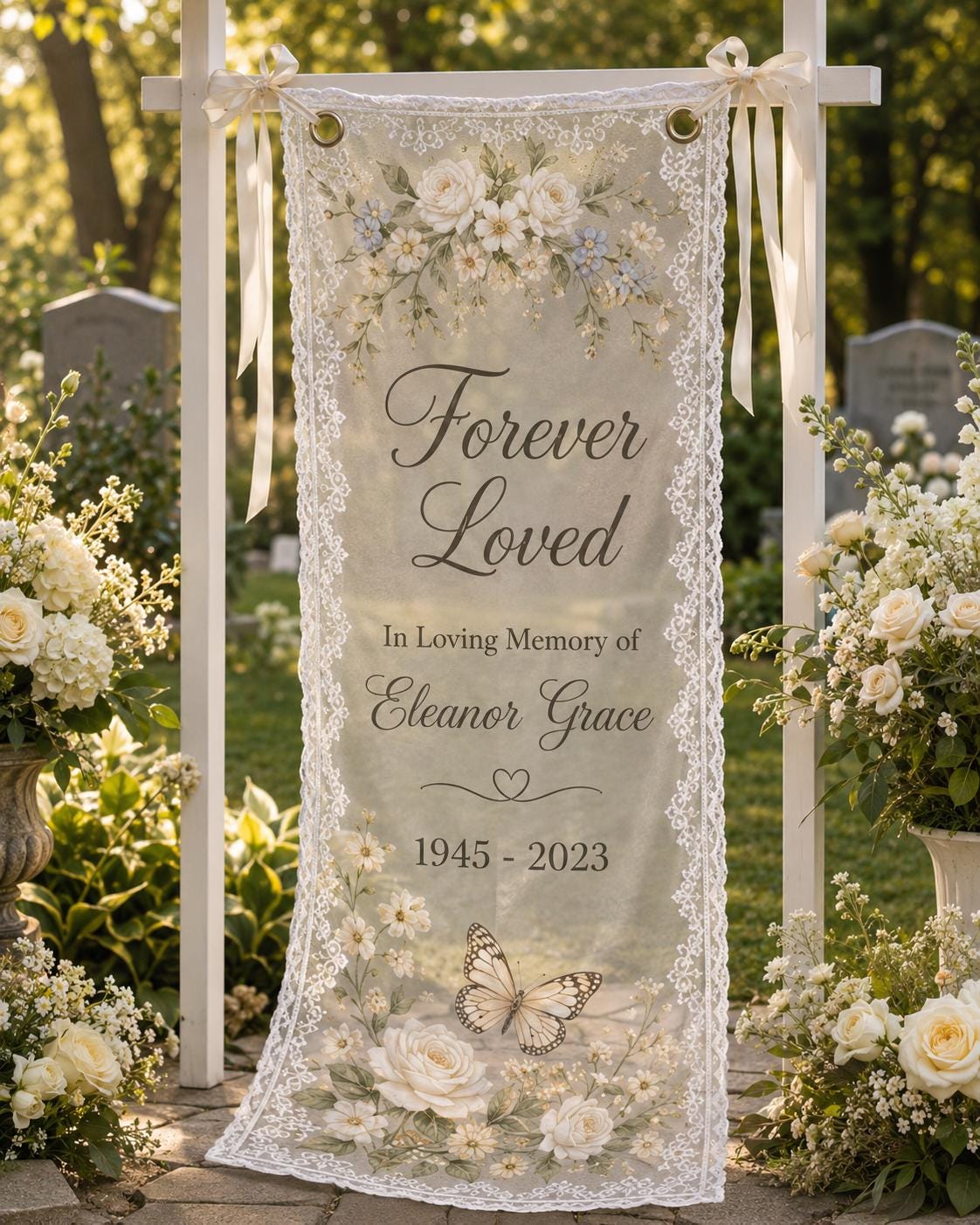 Memorial Lace Banner, Personalized Sheer Remembrance Sign, Custom Celebration of Life Tribute Decor - product image 7