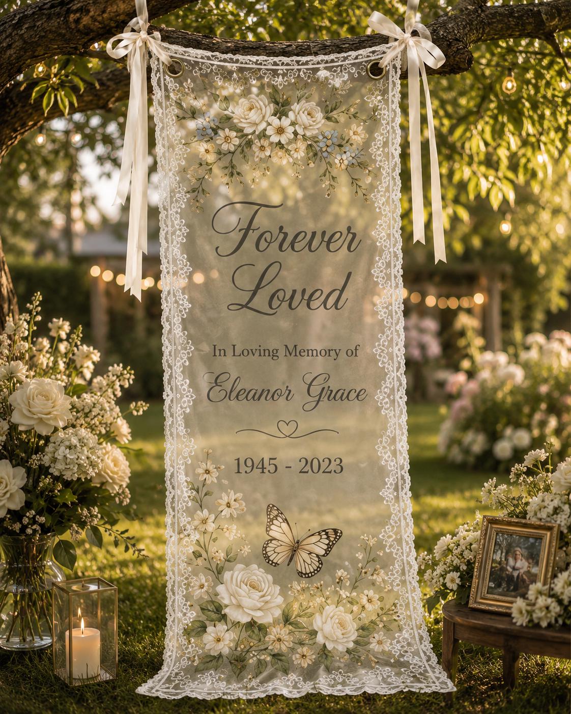 Memorial Lace Banner, Personalized Sheer Remembrance Sign, Custom Celebration of Life Tribute Decor - product image 1