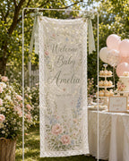 Personalized Lace Welcome Banner, Sheer Fabric Event Decor, Custom Garden Party Sign – main product view