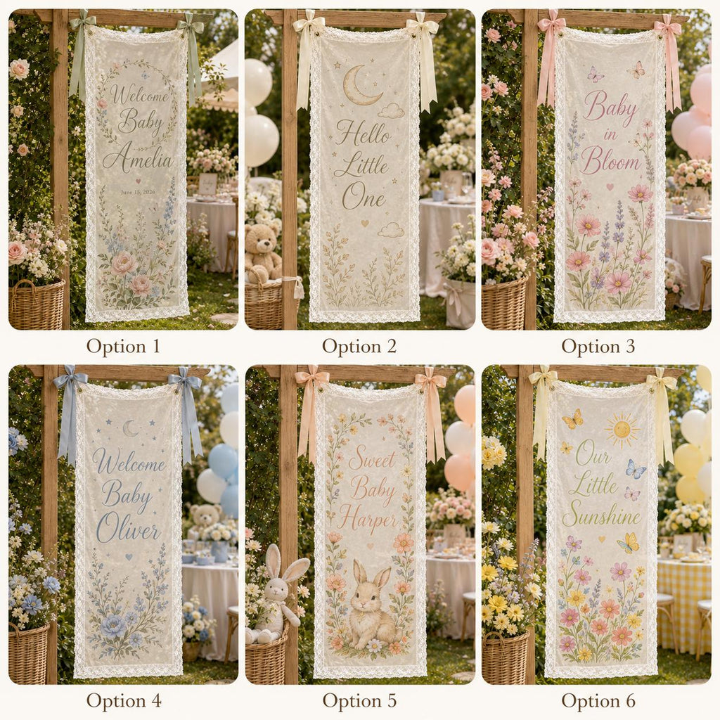 Personalized Lace Welcome Banner, Sheer Fabric Event Decor, Custom Garden Party Sign - product image 2