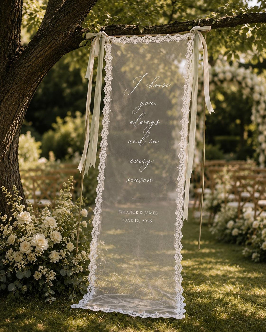 Wedding Vow Lace Banner, Personalized Sheer Ceremony Quote Sign, Custom Romantic Aisle Decor - product image 7