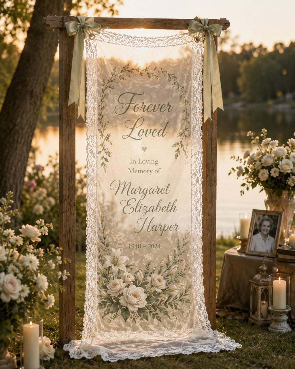 Memorial Lace Banner, Personalized Celebration of Life Sign, Custom Sheer Remembrance Banner - product image 5