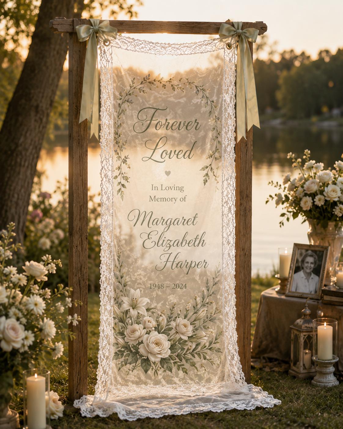 Memorial Lace Banner, Personalized Celebration of Life Sign, Custom Sheer Remembrance Banner - product image 5