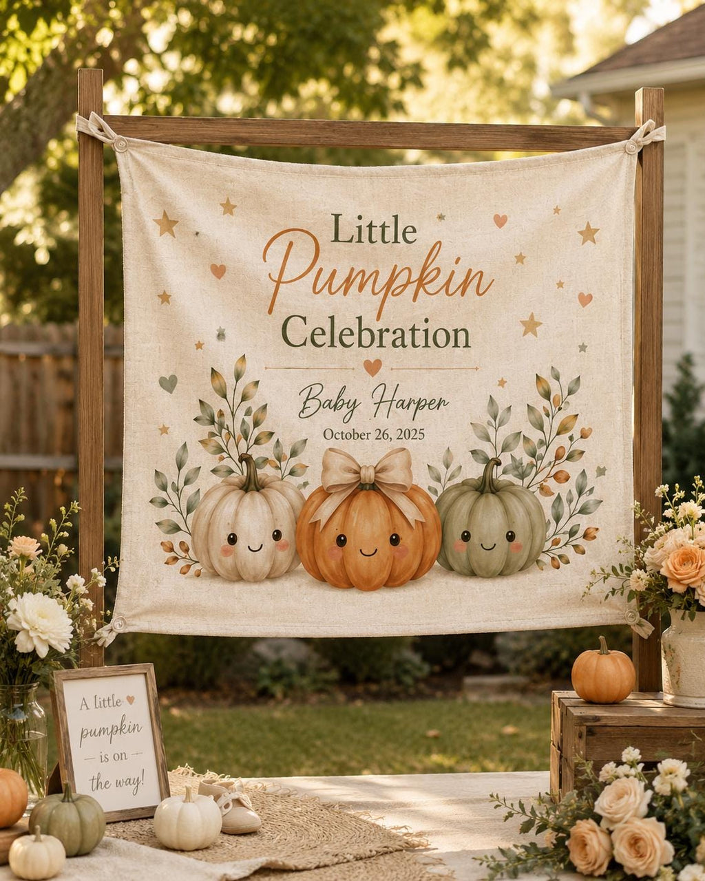 Little Pumpkin Baby Shower Tapestry, Personalized Fall Backdrop, Custom Welcome Banner - product image 5