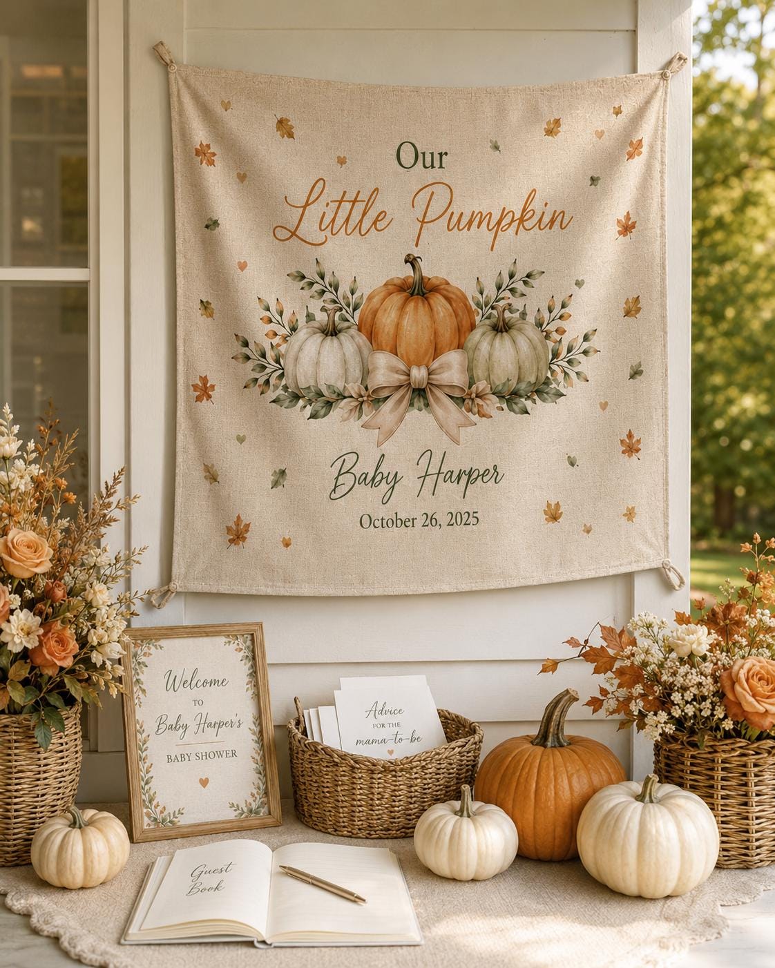Little Pumpkin Baby Shower Tapestry, Personalized Fall Backdrop, Custom Welcome Banner - product image 6