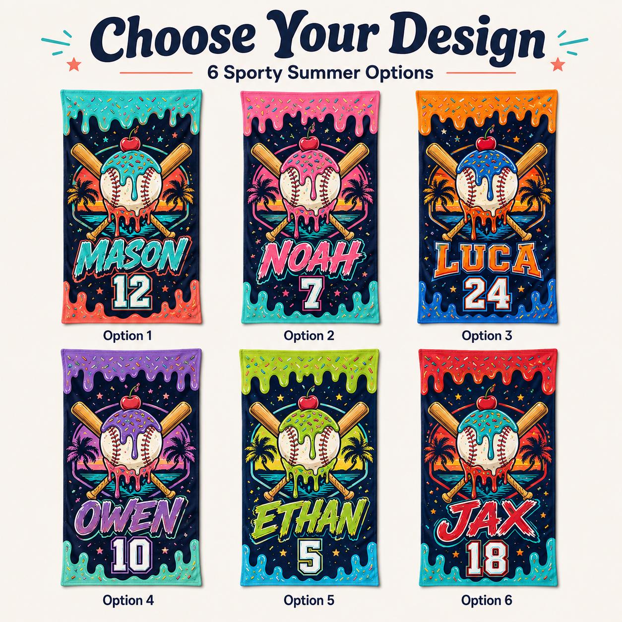 Personalized Baseball Ice Cream Beach Towel, Custom Name Summer Pool Towel - product image 2