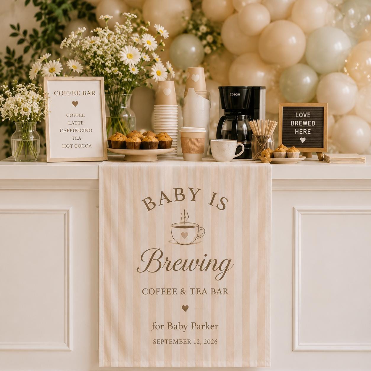 Baby Shower Coffee Bar Runner, Personalized "Baby is Brewing" Table Decor - product image 5