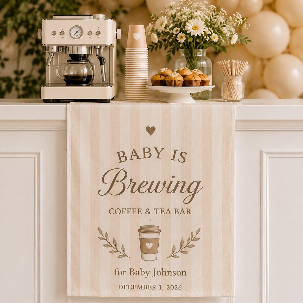 Baby Shower Coffee Bar Runner, Personalized "Baby is Brewing" Table Decor - product image 6