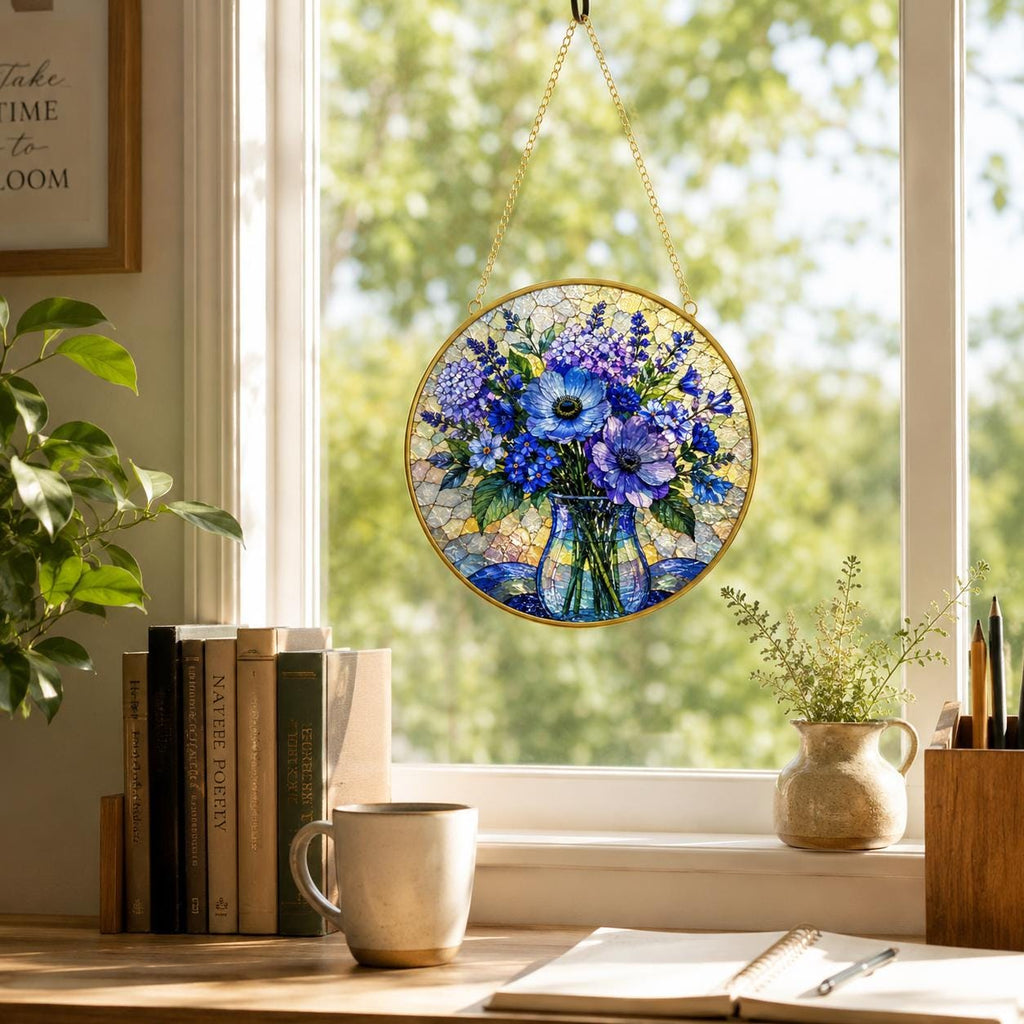 Blue Wildflower Stained Glass Suncatcher, Floral Golden Frame Window Hanging Ornament - product image 4