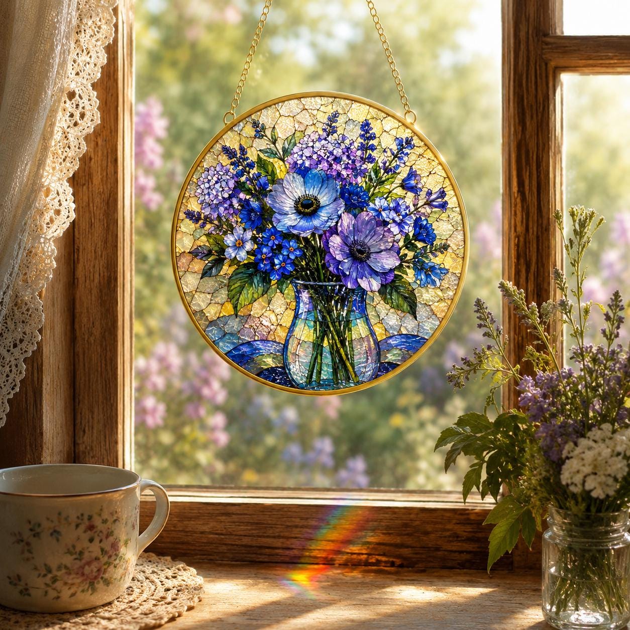 Blue Wildflower Stained Glass Suncatcher, Floral Golden Frame Window Hanging Ornament - product image 1