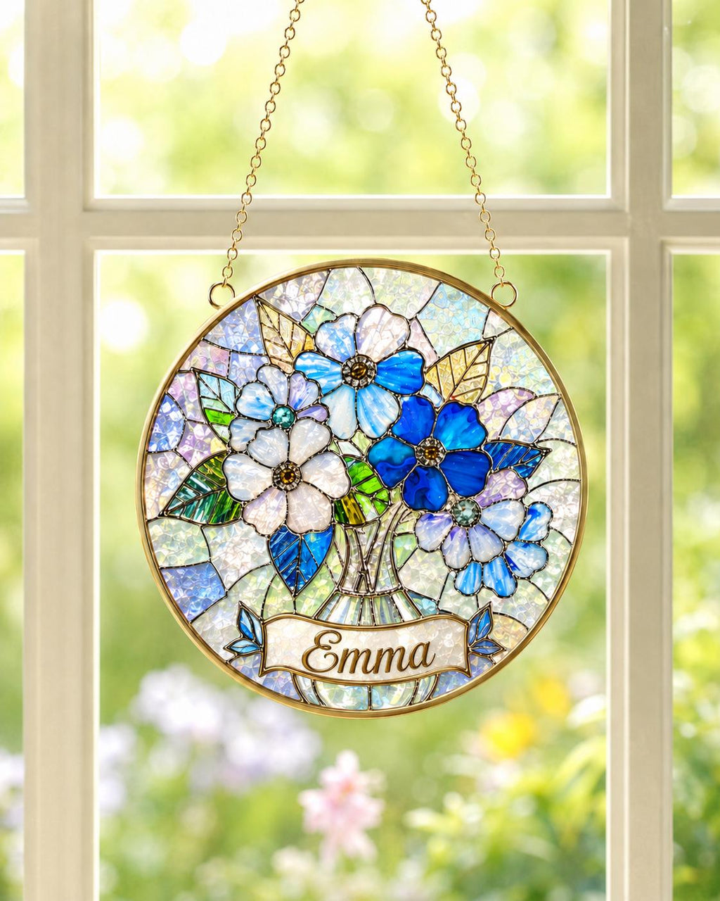 Personalized Blue Flower Stained Glass Suncatcher, Golden Frame Floral Window Hanging Ornament - product image 1