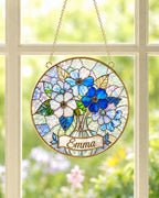 Personalized Blue Flower Stained Glass Suncatcher – main product view