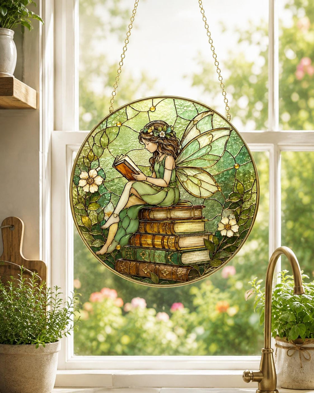 Personalized Reading Fairy Stained Glass Suncatcher, Book Lover Window Hanging Decor, Golden Frame Gift - product image 10
