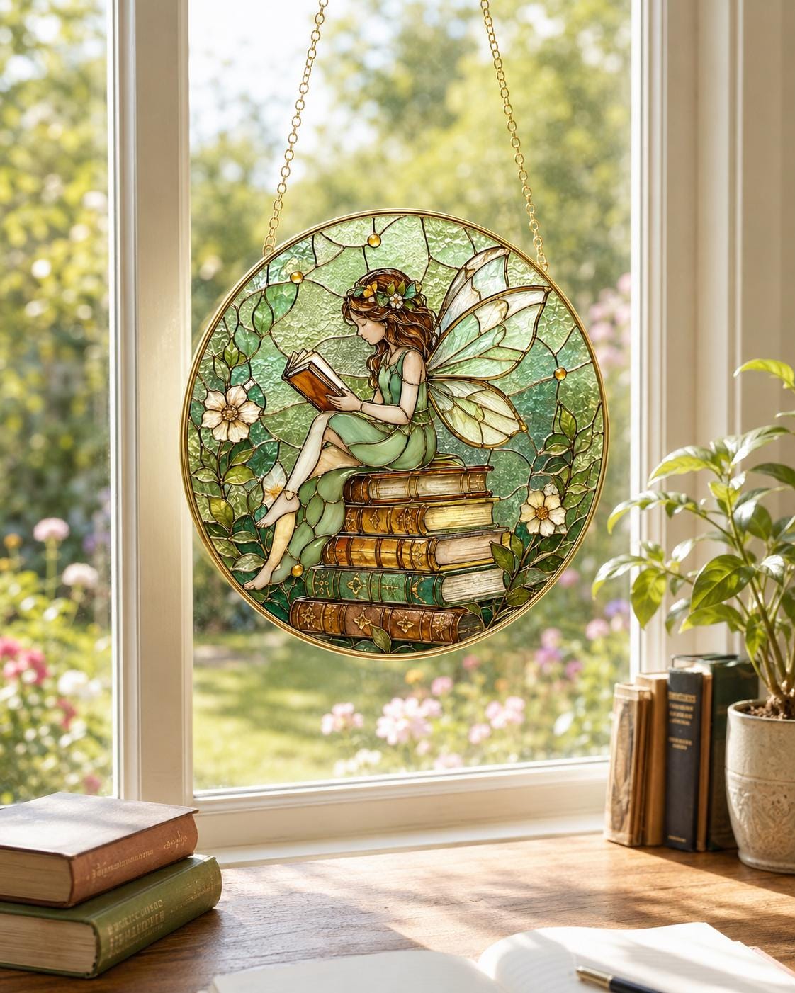 Personalized Reading Fairy Stained Glass Suncatcher, Book Lover Window Hanging Decor, Golden Frame Gift - product image 7