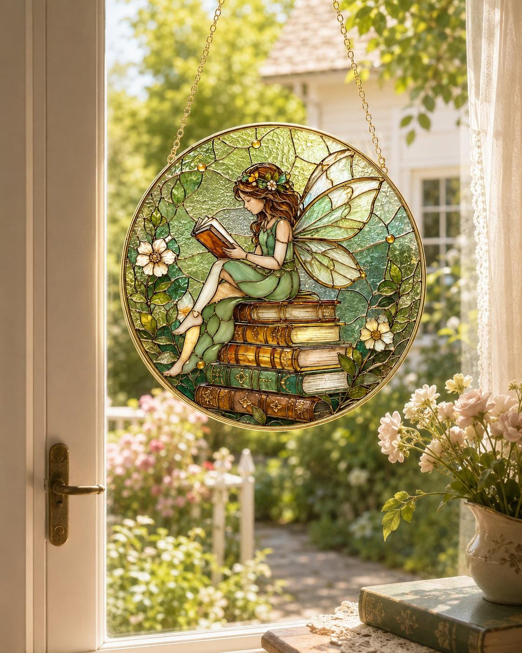 Personalized Reading Fairy Stained Glass Suncatcher, Book Lover Window Hanging Decor, Golden Frame Gift - product image 6