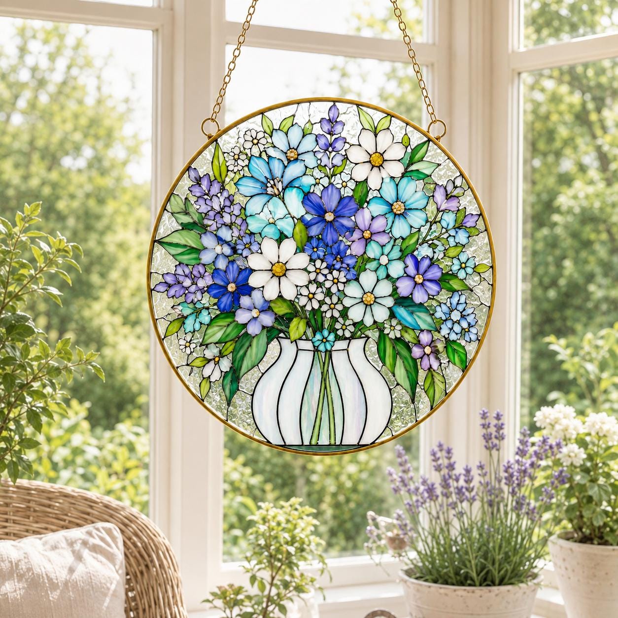 Personalized Wildflower Stained Glass Suncatcher, Custom Name Floral Window Hanging, Golden Frame Decor - product image 3
