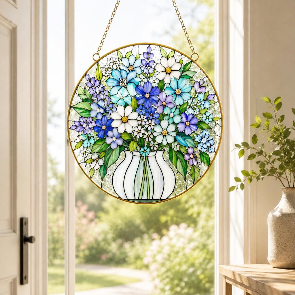 Personalized Wildflower Stained Glass Suncatcher, Custom Name Floral Window Hanging, Golden Frame Decor - product image 7