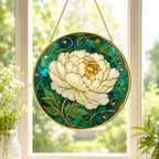 Peony Stained Glass Suncatcher – Art Nouveau Floral Window Hanging – Luxury Home Decor – product photo 3